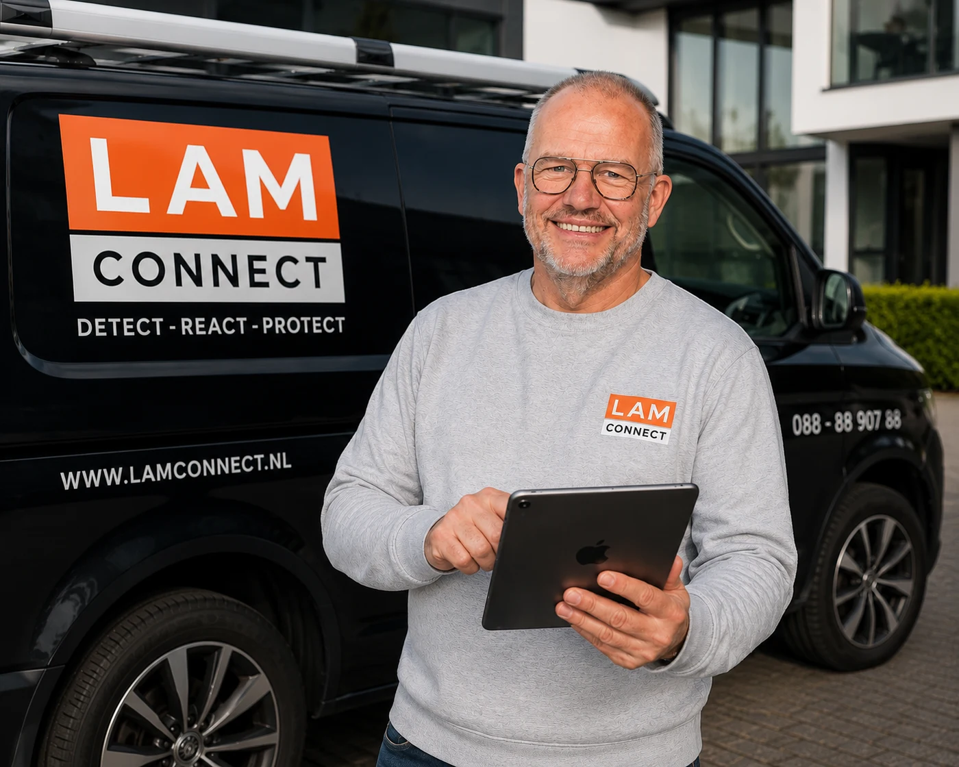 Marco Lam van LamConnect met iPad bij de bedrijfsauto