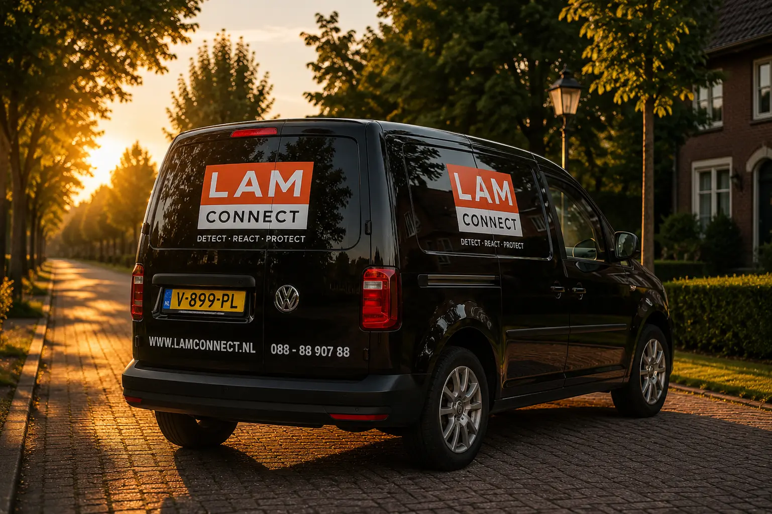 LamConnect servicewagen bij een woning voor onderhoud aan een beveiligingssysteem